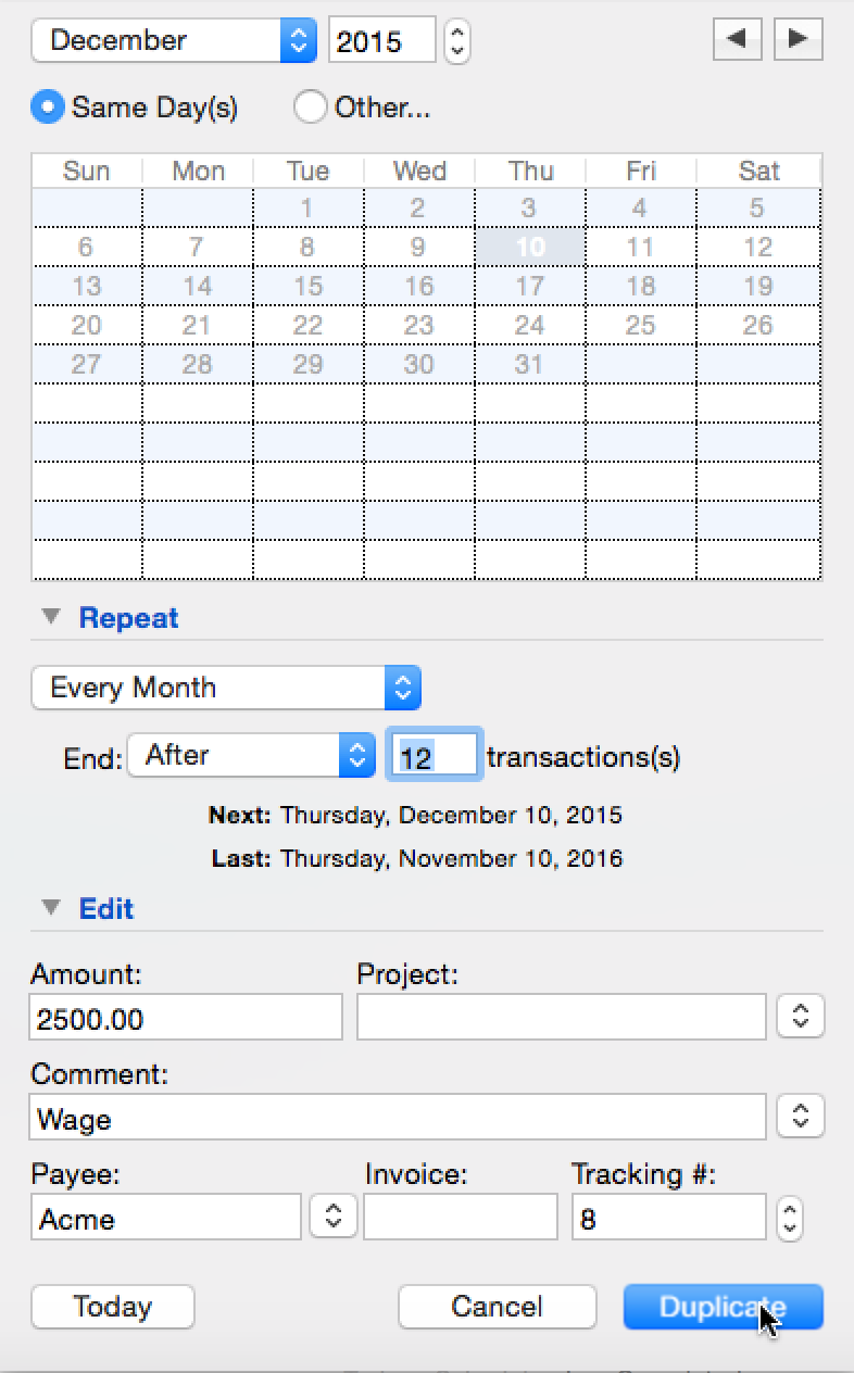 Duplicating existing transactions