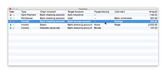 Adding transactions to iCash using the saved favorites