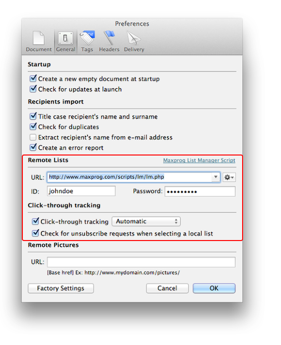 Maxprog Mailing List Manager URL settings
