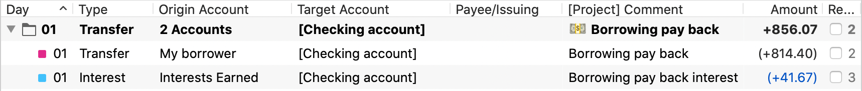 Money lending with iCash grouped transactions