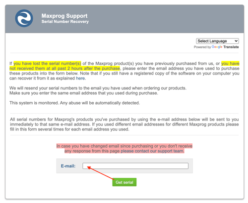 Maxprog serial recovery page