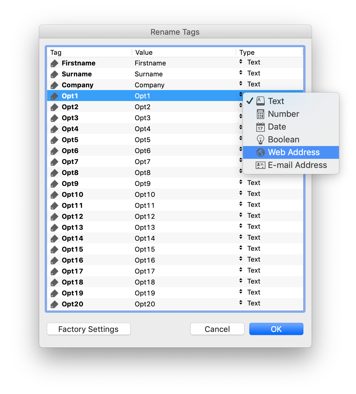 Setting tag format to WebAddress