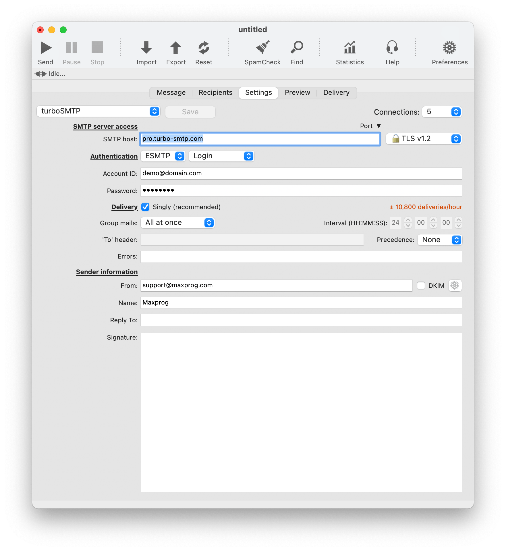 turboSMTP settings for MaxBulk Mailer