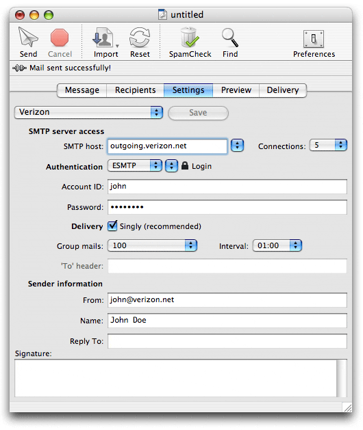 verizon.net email settings for mac mail