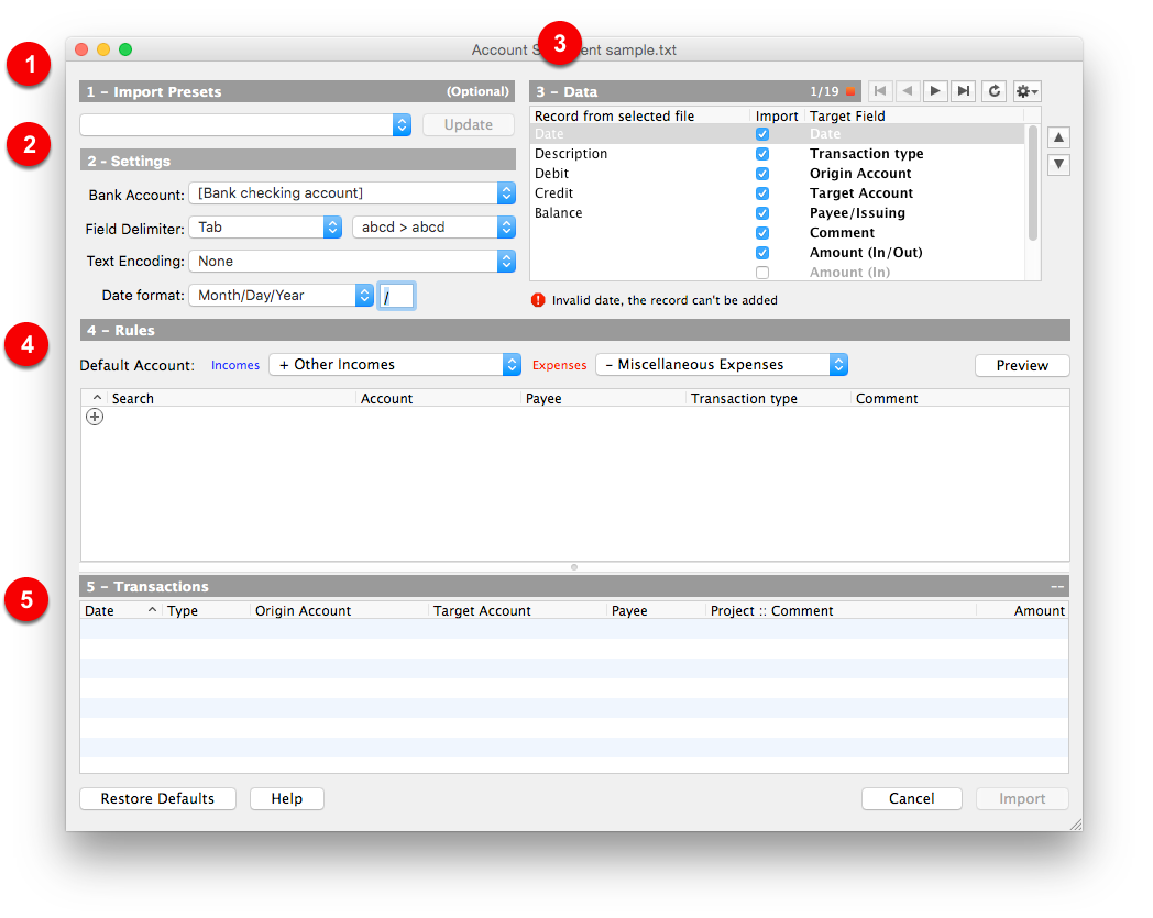 The Account Statement Import window