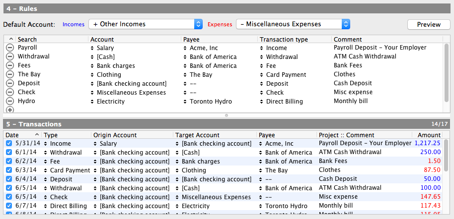 The Transactions panel