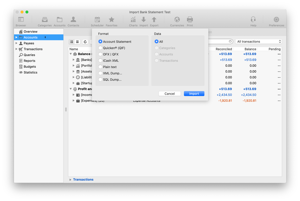 Starting a Bank Statement Import