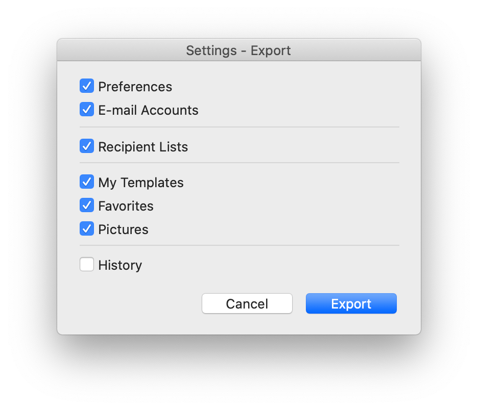 Select what settings to export